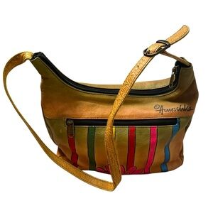 Anuschka Vintage Hand Painted Floral Genuine Leather Hobo Shoulder Bag Call out